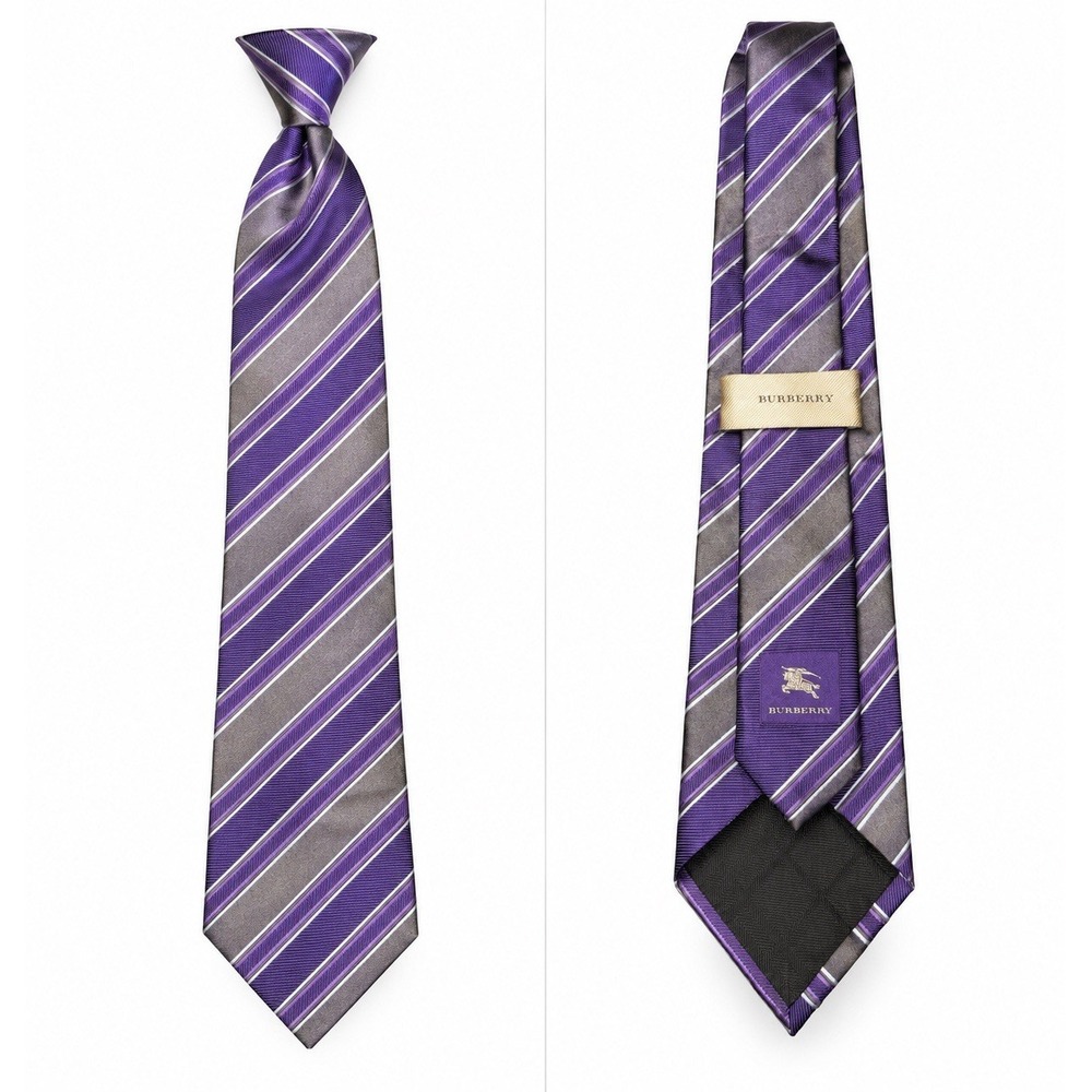 Burberry Men's Tie Purple Gray Striped 100% Silk Made Italy Luxury Designer